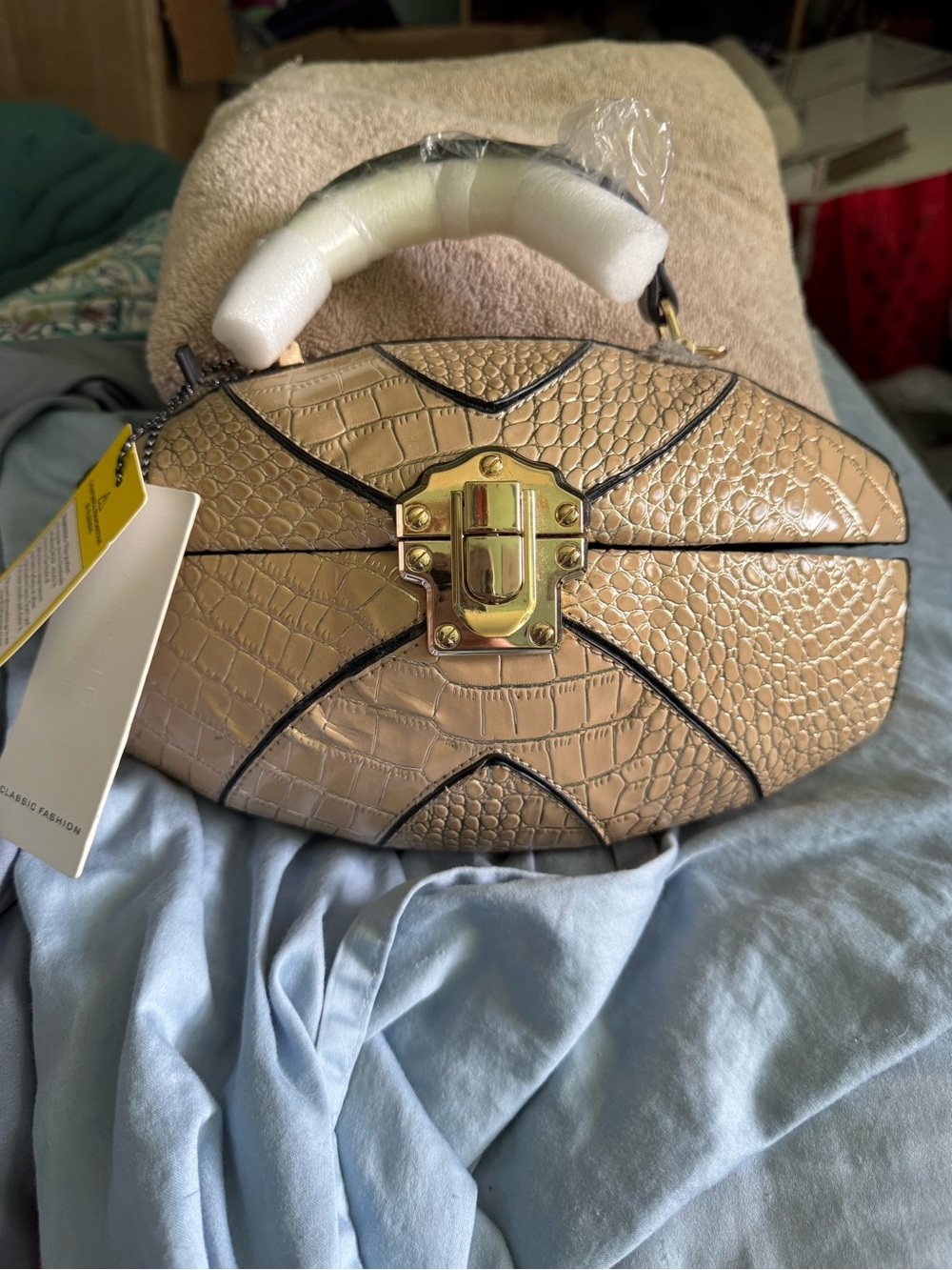 Structured Croc-Embossed Top-Handle Bag in Beige with Gold Lock